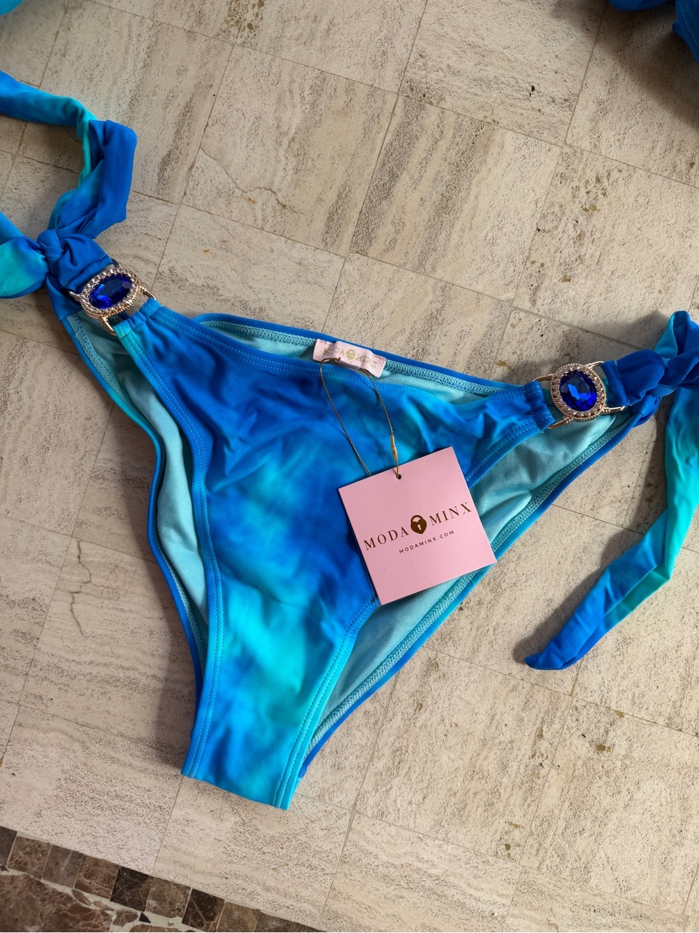 Blue Tie-Dye Bikini Bottom with Jewel Accents